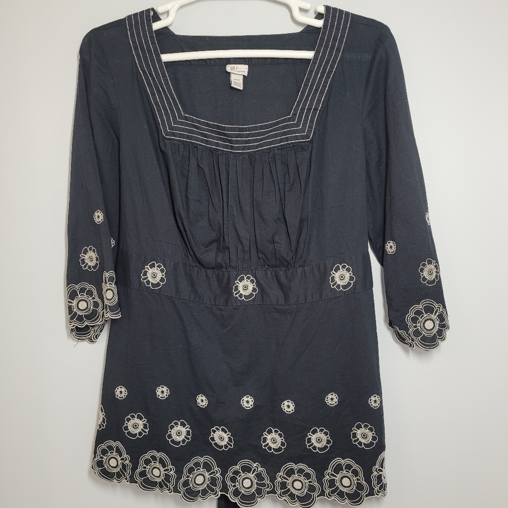 Venezia Black Tan Embroidered Blouse Cotton 22/24 NWOT